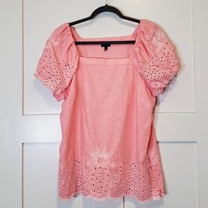 Talbots Linen & Cotton Square Neck Top Puff Sleeve Pineapple Embroidered Pink